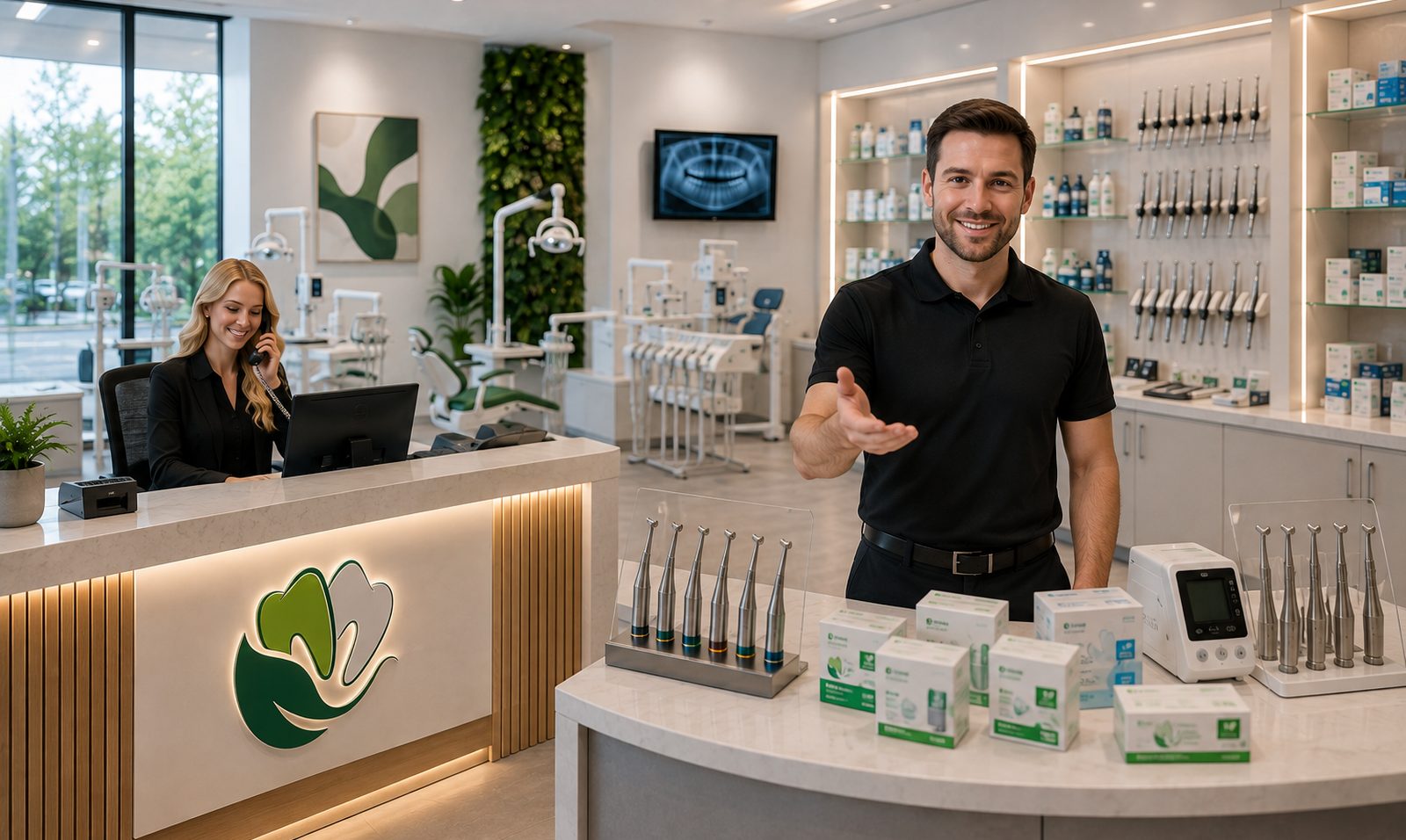EZ Smile Group team member at the dental supplies counter with handpieces and consumables