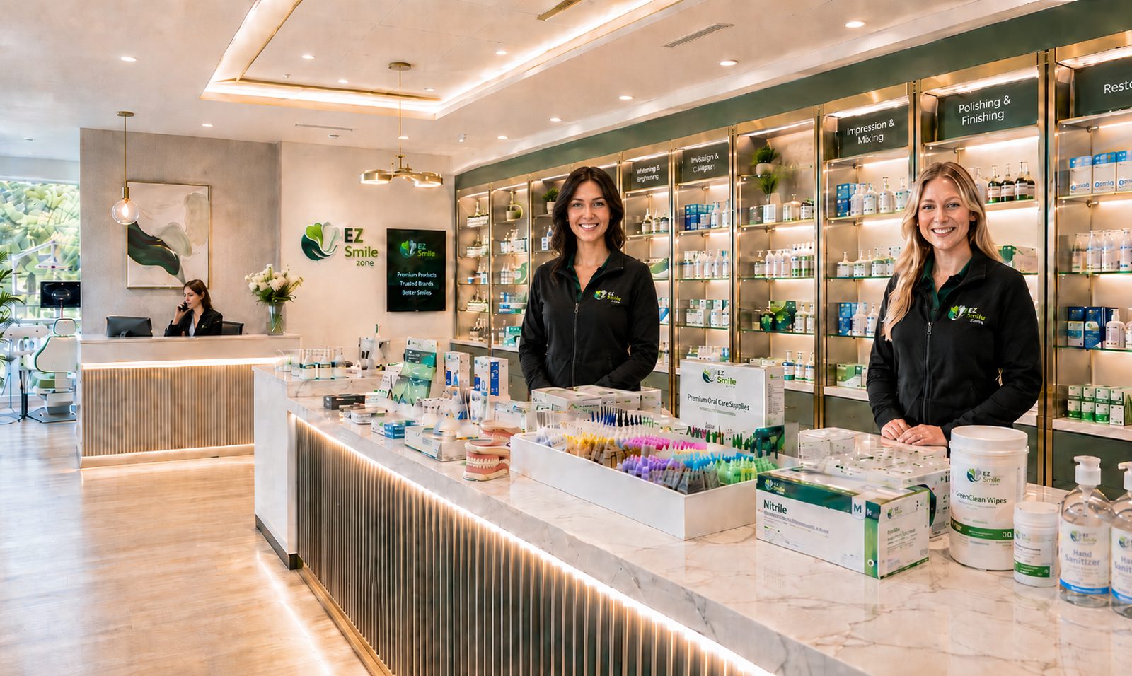 EZ Smile Group dental supply showroom with staff at the counter and shelves of whitening, impression and polishing products